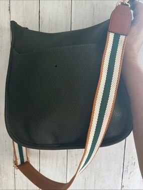 Dark green Women's Crossbody Bag with Striped Shoulder Strap